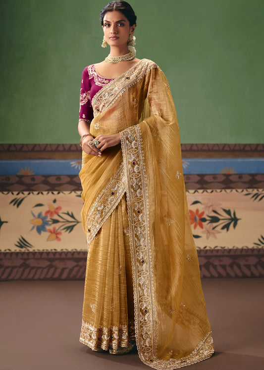 Crushed Organza Tissue Silk Mustard Yellow Embroidered Saree & Maroon Red Blouse