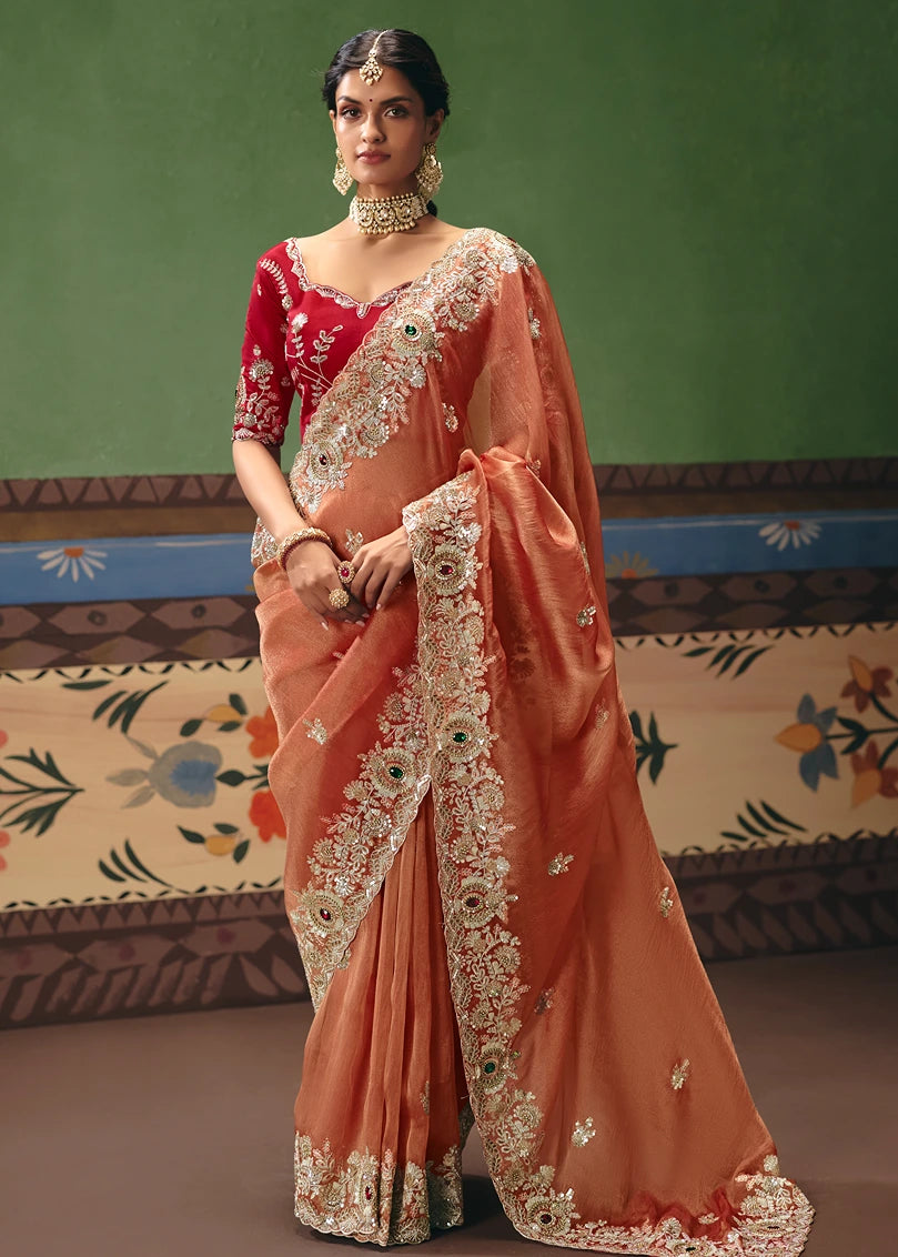 Crushed Organza Tissue Silk Rust Orange Embroidered Saree & Red Blouse