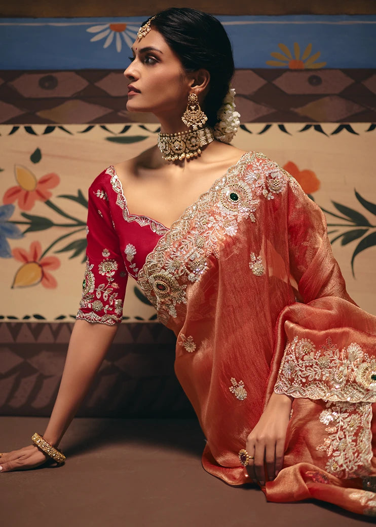 Crushed Organza Tissue Silk Rust Orange Embroidered Saree & Red Blouse