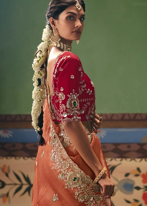 Crushed Organza Tissue Silk Rust Orange Embroidered Saree & Red Blouse