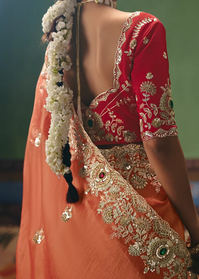 Crushed Organza Tissue Silk Rust Orange Embroidered Saree & Red Blouse