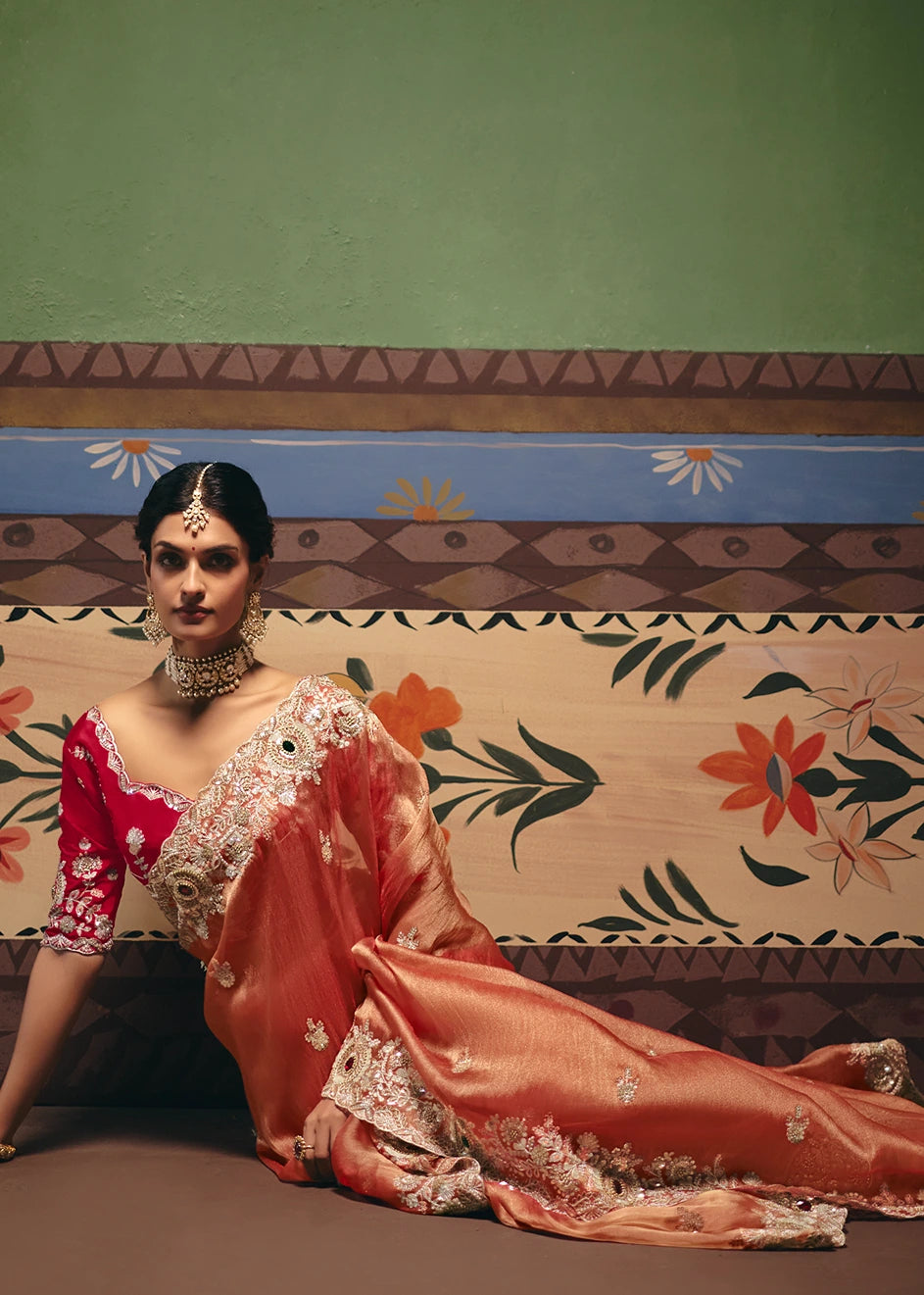 Crushed Organza Tissue Silk Rust Orange Embroidered Saree & Red Blouse