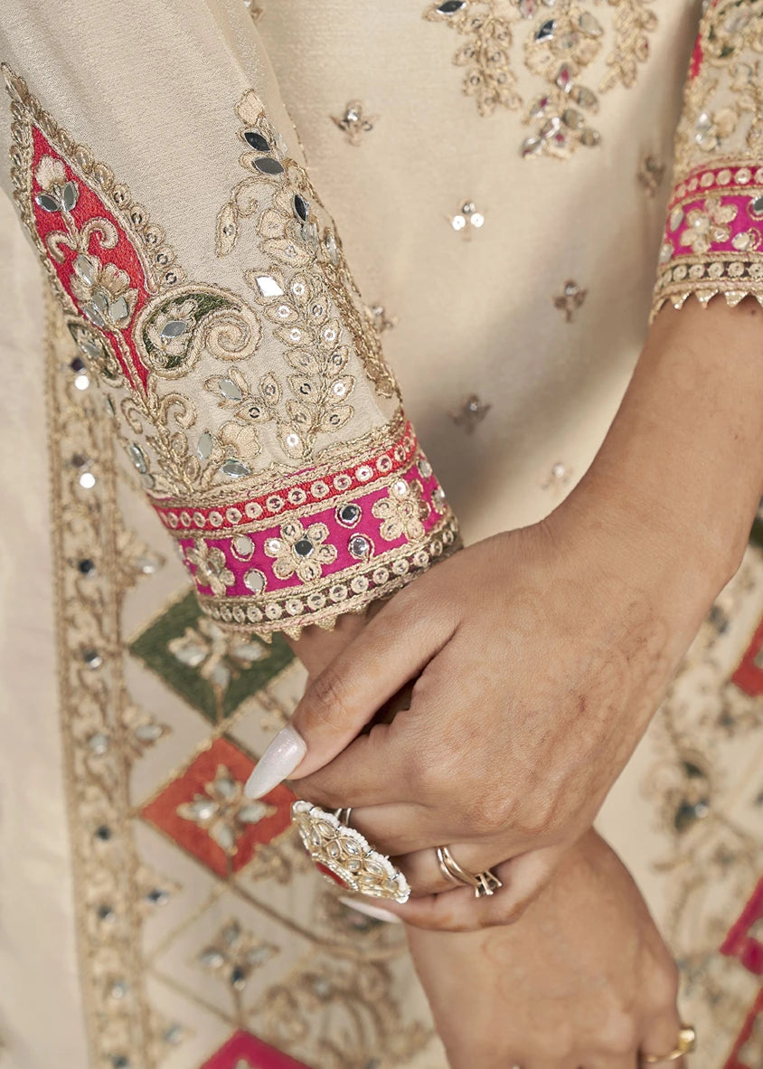 Readymade Cream & Pink Embroidered Chinon Silk Suit Set with Dhoti Style Pant
