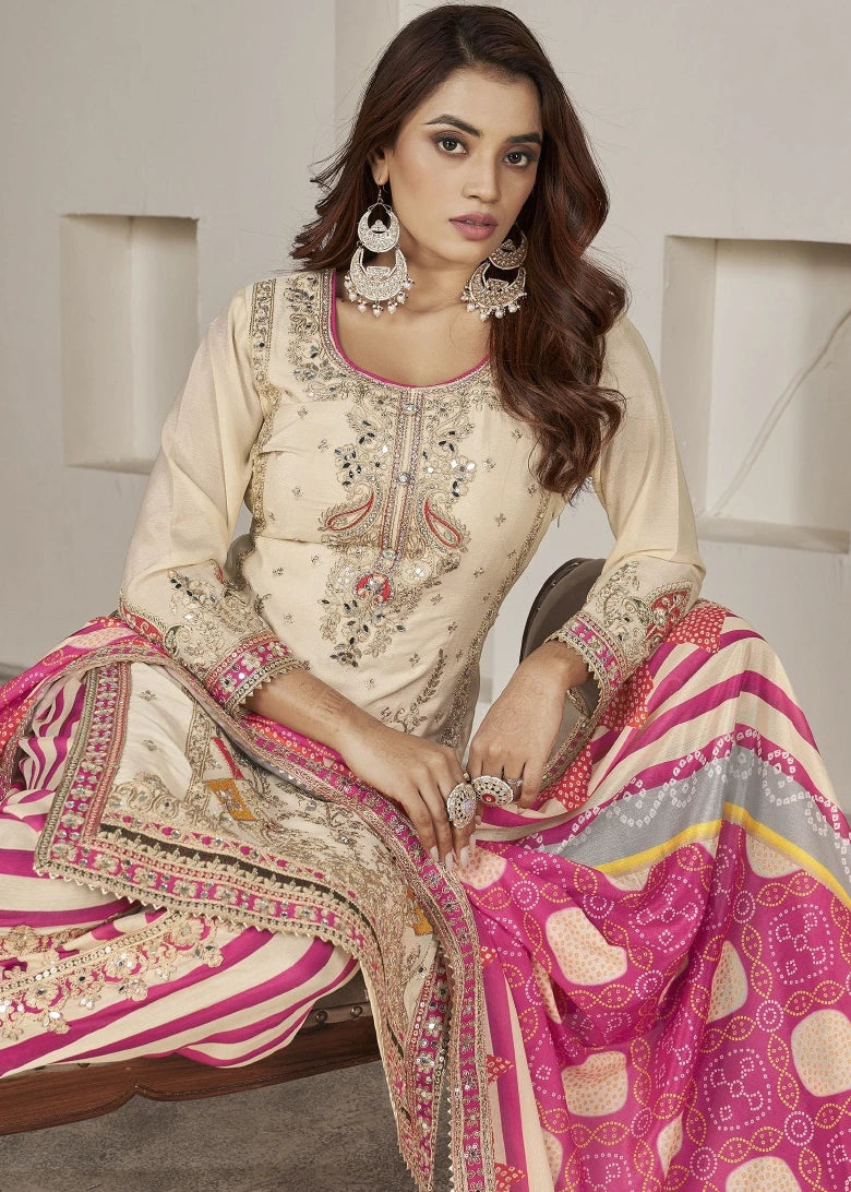 Readymade Cream & Pink Embroidered Chinon Silk Suit Set with Dhoti Style Pant