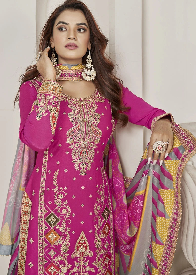 Readymade Hot Pink Embroidered Chinon Silk Suit Set with Dhoti Style Pant