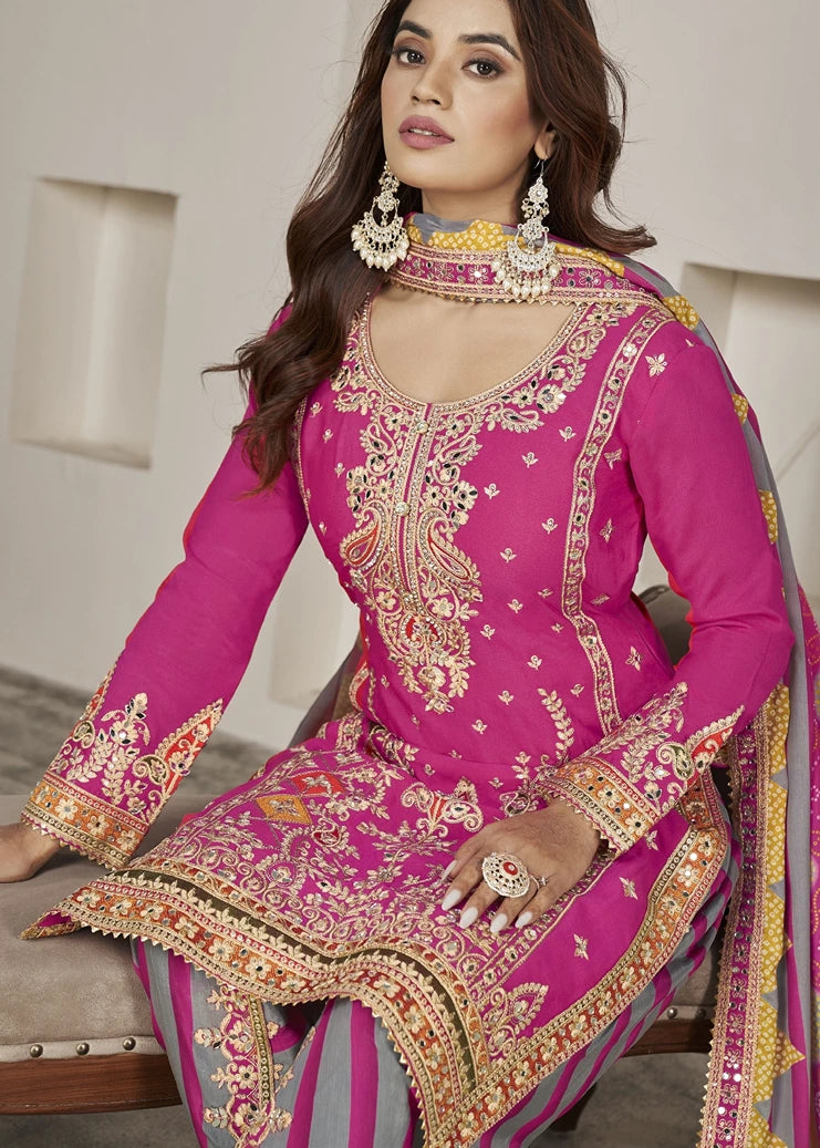 Readymade Hot Pink Embroidered Chinon Silk Suit Set with Dhoti Style Pant