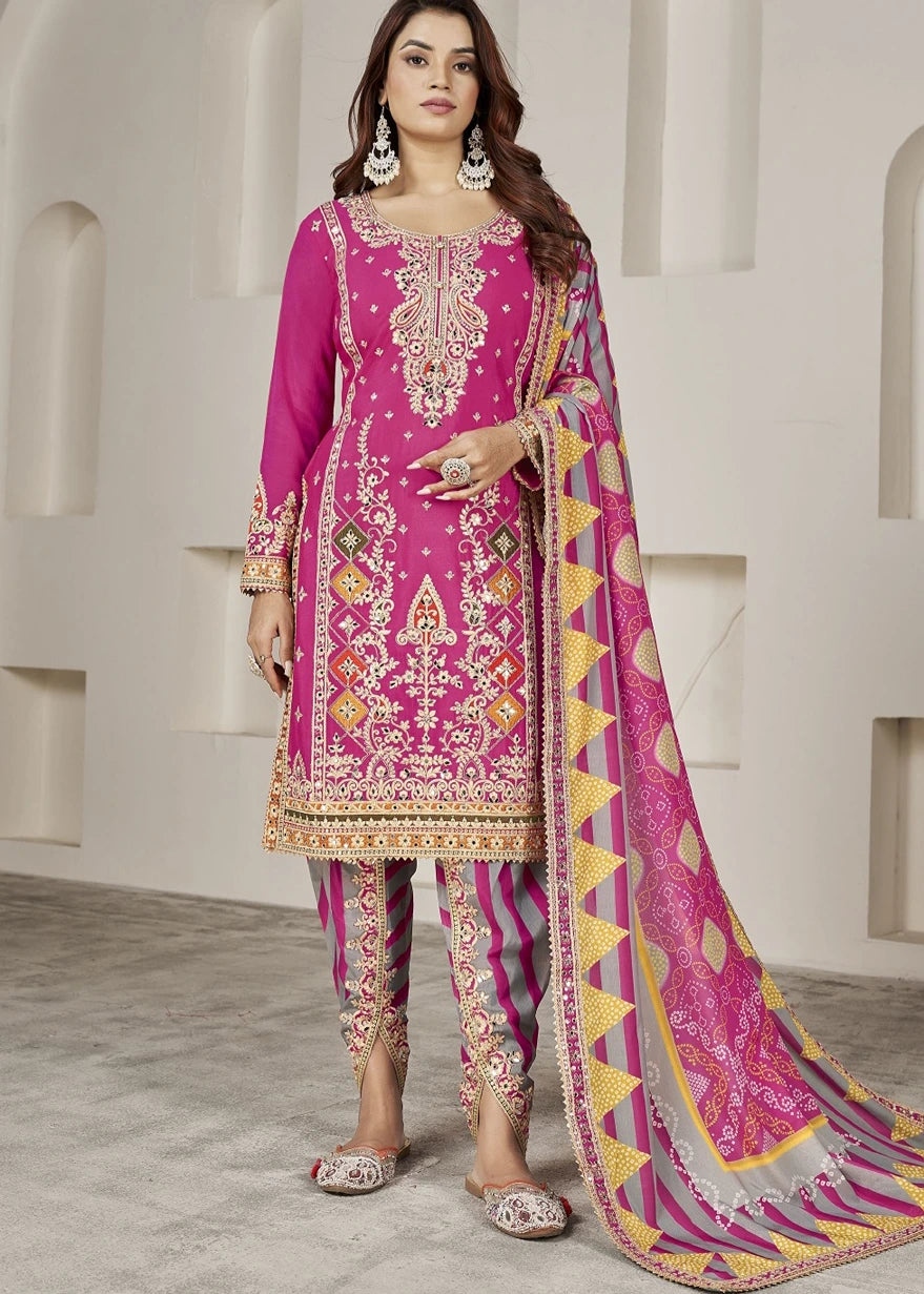 Readymade Hot Pink Embroidered Chinon Silk Suit Set with Dhoti Style Pant