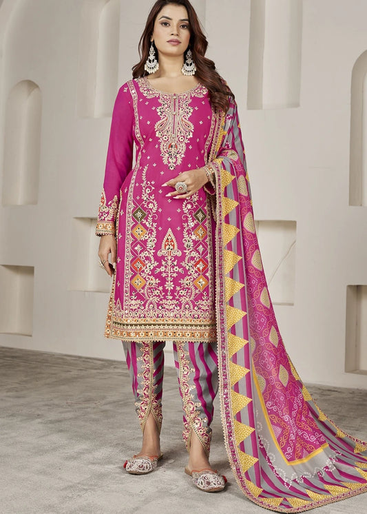 Readymade Hot Pink Embroidered Chinon Silk Suit Set with Dhoti Style Pant