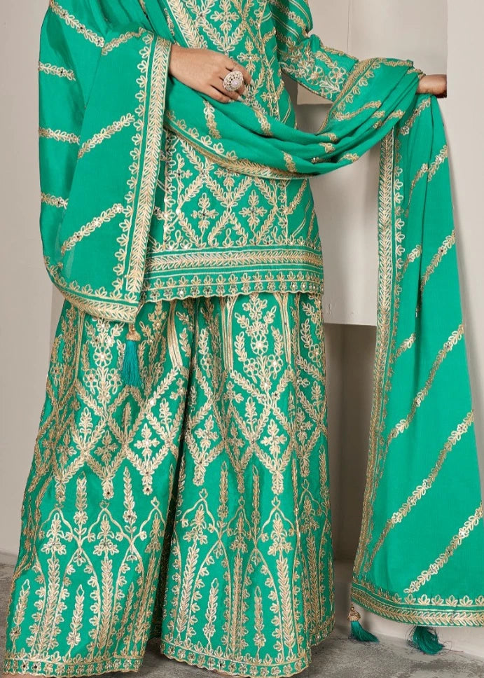 Emerald Green Chinon Silk Pakistani Suit Set With Gota Patti