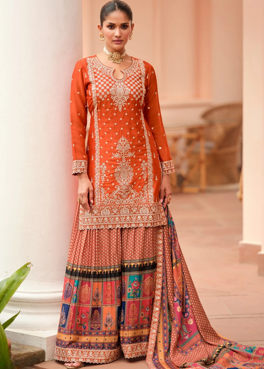 Designer Readymade Orange Chinon Silk Suit Set With Multicolor Palazzo