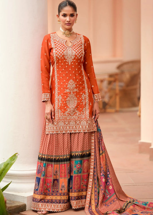 Designer Readymade Orange Chinon Silk Suit Set With Multicolor Palazzo