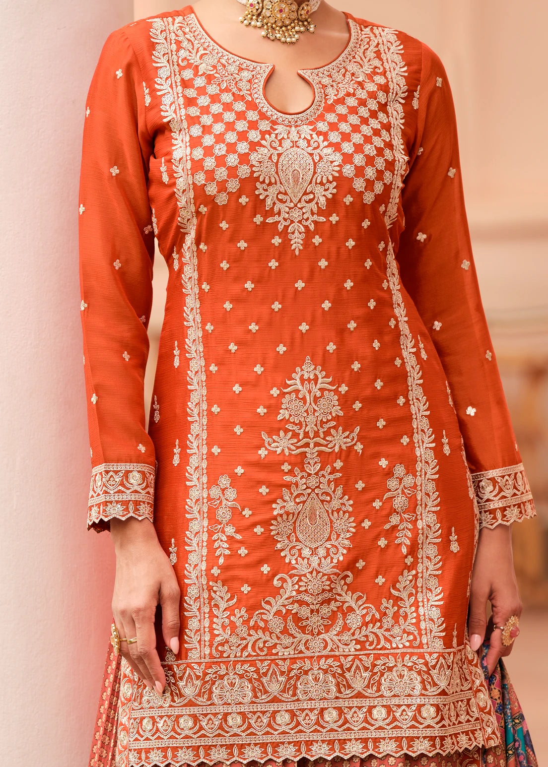 Designer Readymade Orange Chinon Silk Suit Set With Multicolor Palazzo