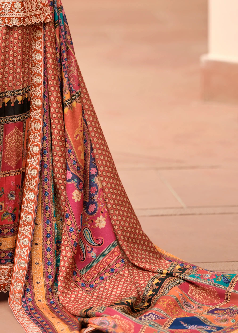 Designer Readymade Orange Chinon Silk Suit Set With Multicolor Palazzo