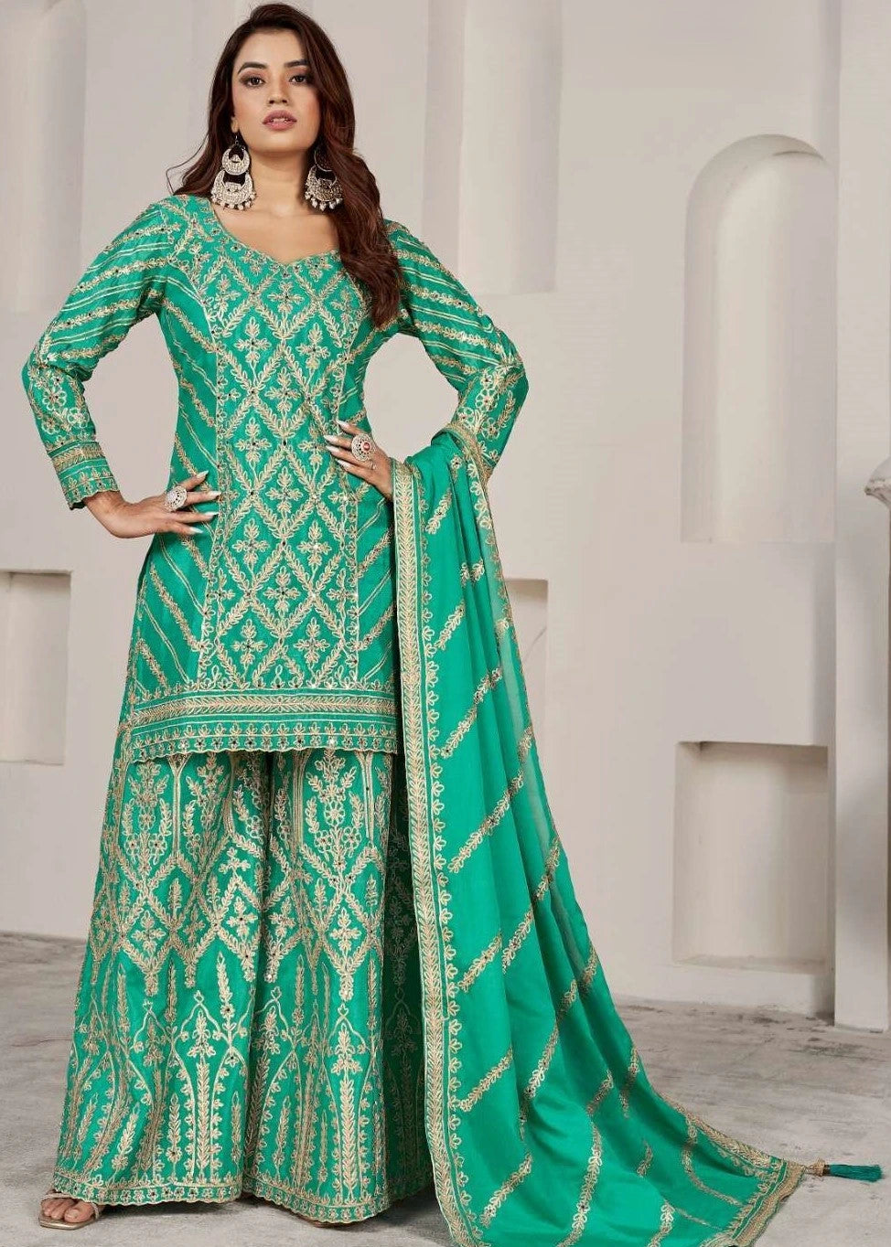 Emerald Green Chinon Silk Pakistani Suit Set With Gota Patti