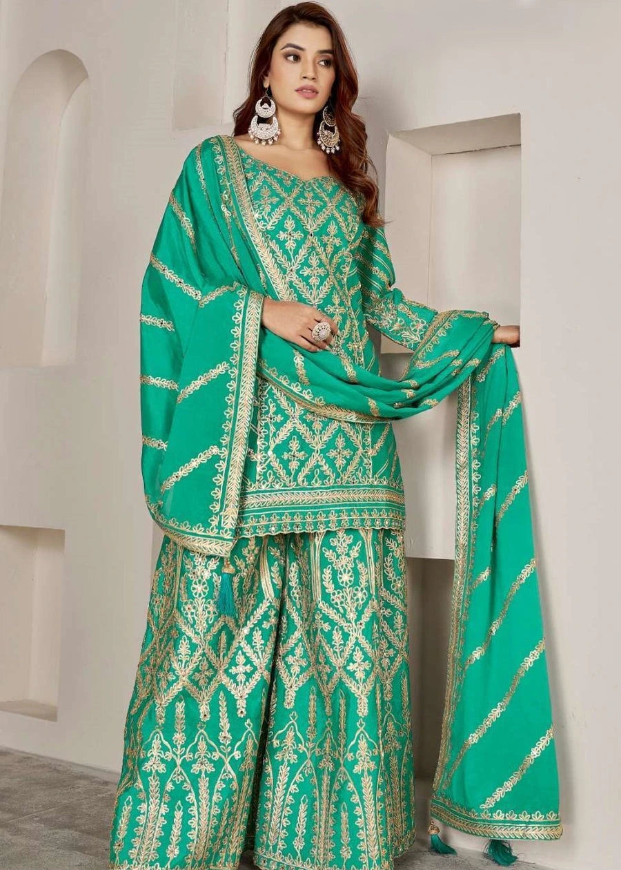 Emerald Green Chinon Silk Pakistani Suit Set With Gota Patti