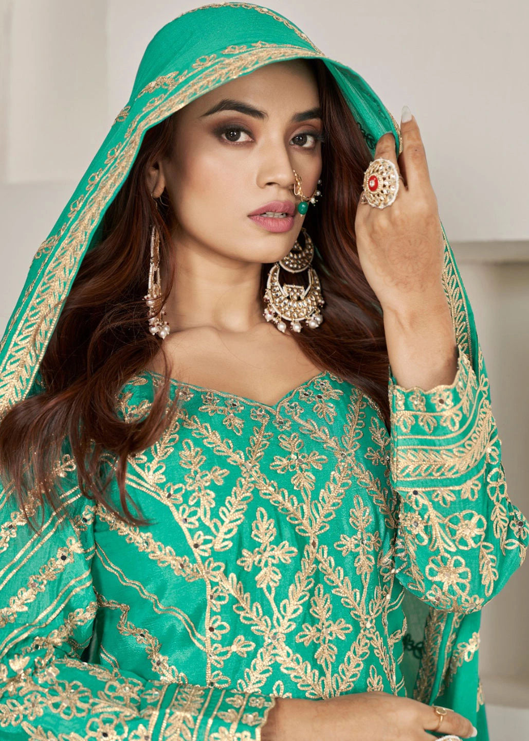Emerald Green Chinon Silk Pakistani Suit Set With Gota Patti