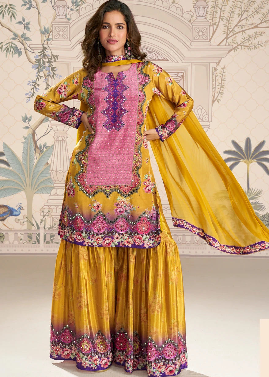 Mustard Yellow Crepe Silk Sharara Suit With Dupatta