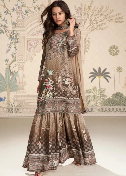 Brown Crepe Silk Sharara Suit With Dupatta