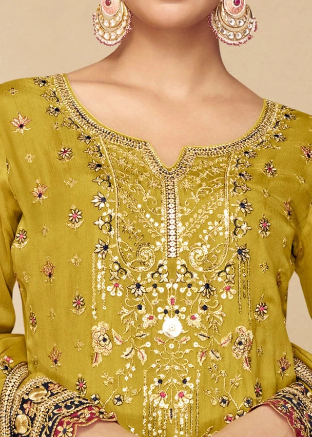 Mustard Yellow Chinon Silk Palazzo Suit With Dupatta