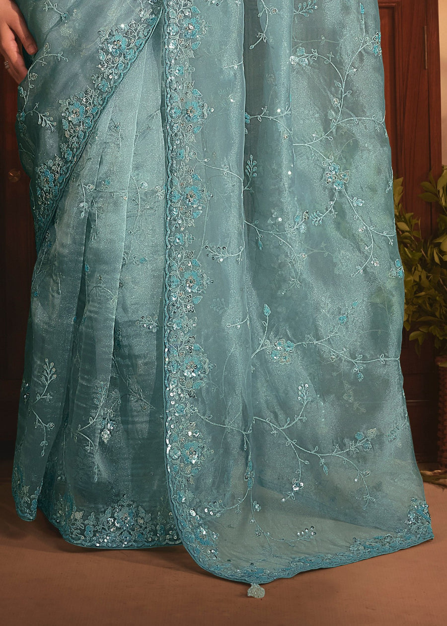Ocean Blue Organza Tissue Silk Saree With Sequins Embroidery