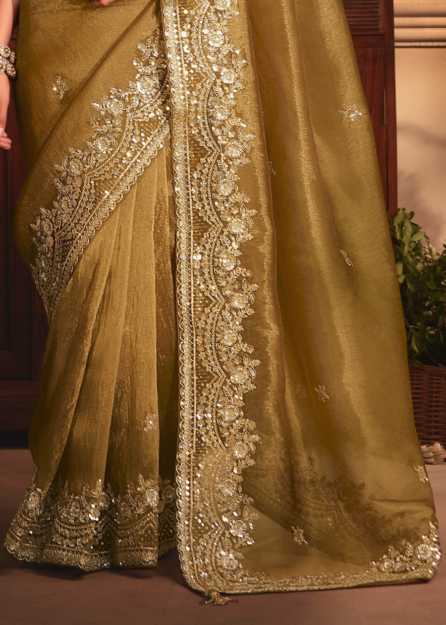 Mustard Yellow Organza Tissue Silk Saree & Red Blouse With Embroidery Work
