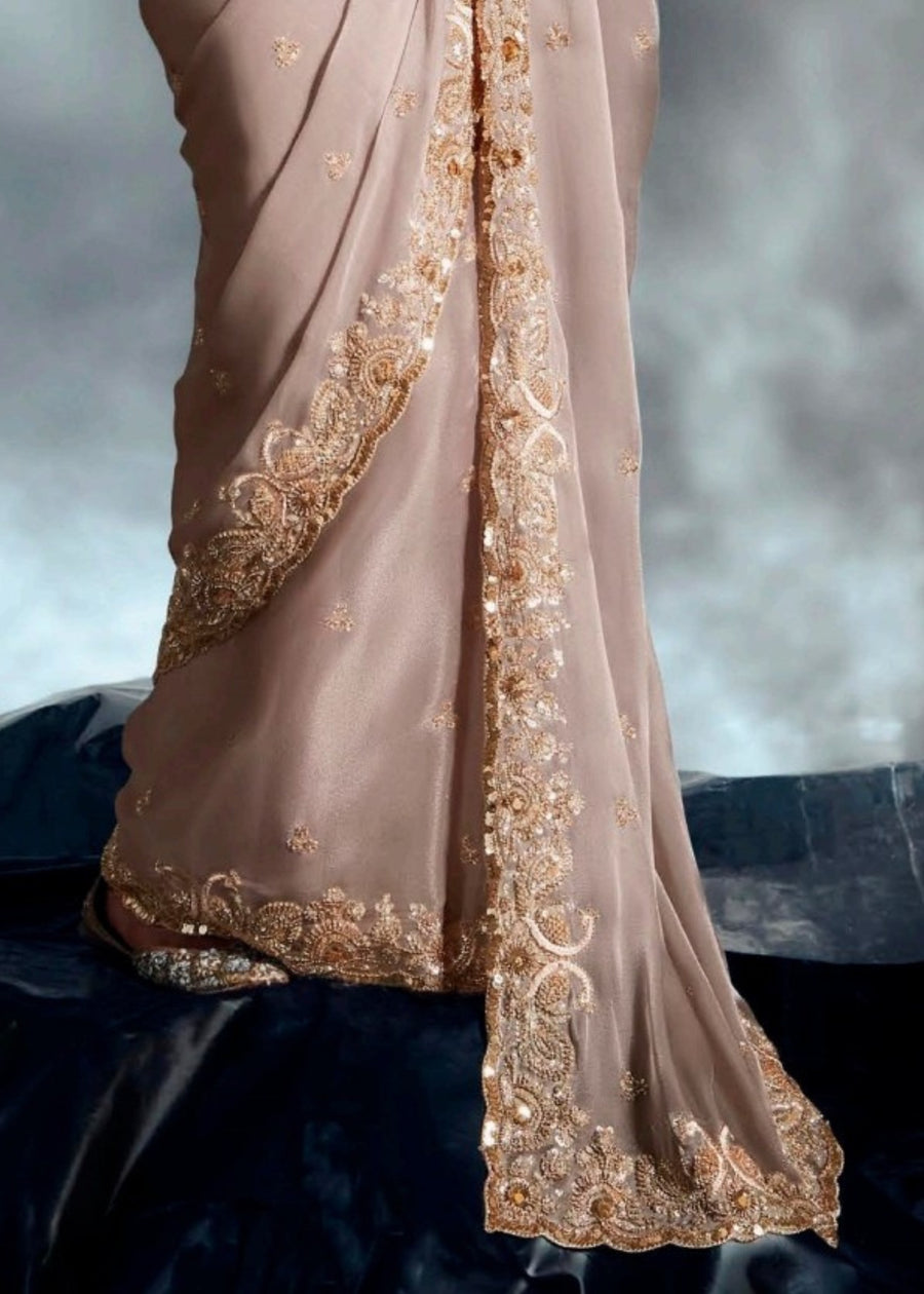 Beige Organza Tissue Silk Hand Embroidered Saree