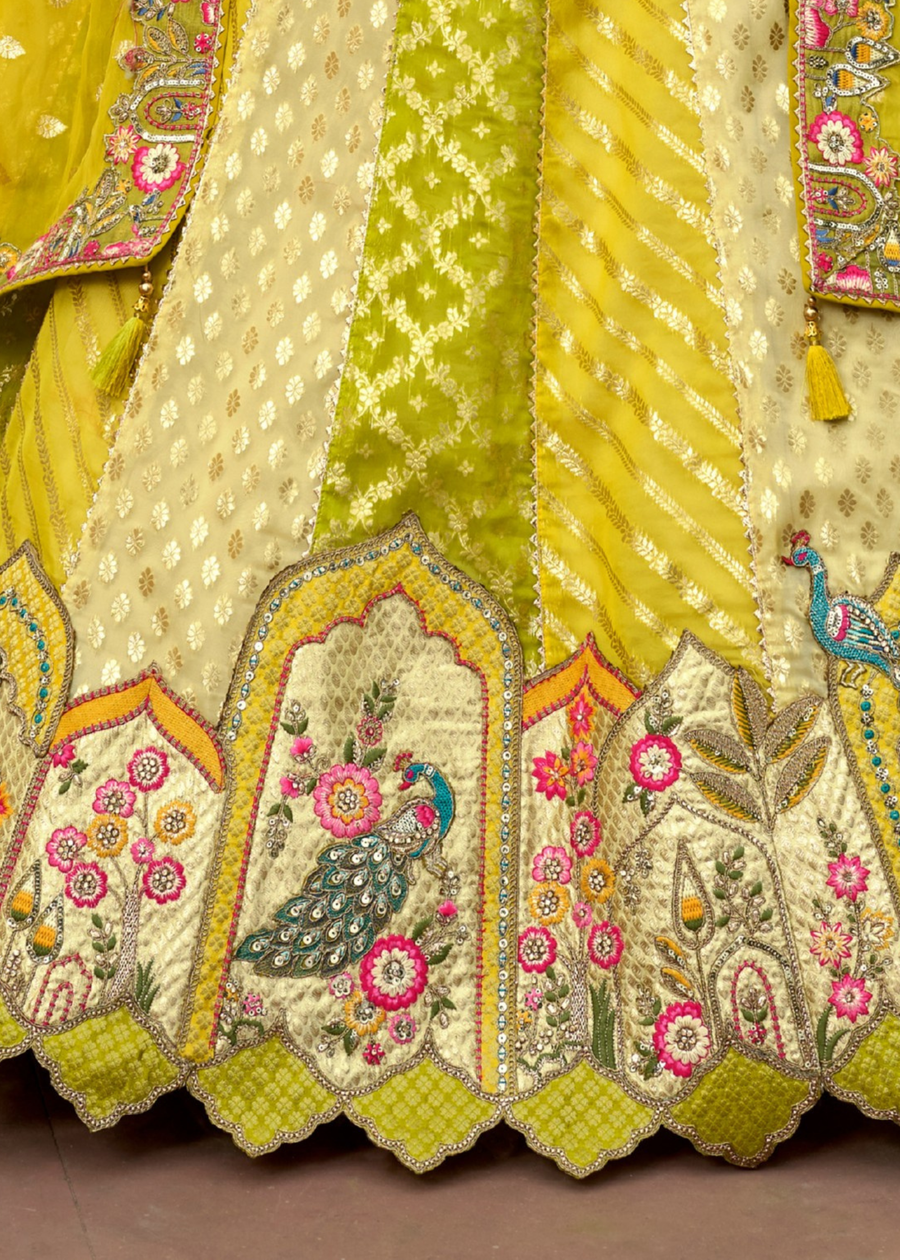Lime Green & Yellow Silk Bridal Lehenga Choli