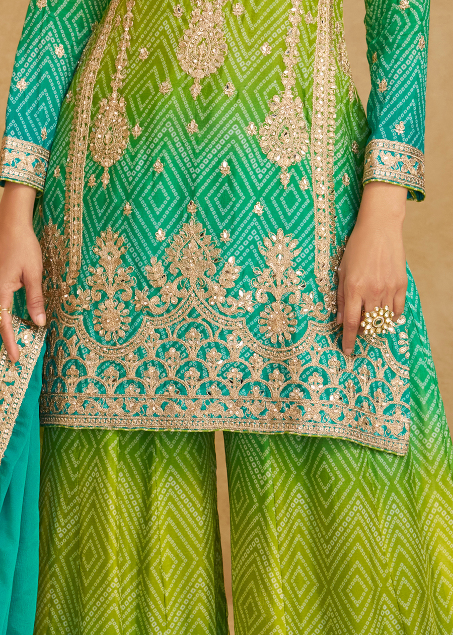 Designer Jade Green & Lime Green Ombre Chinon Silk Bandhani Suit Set