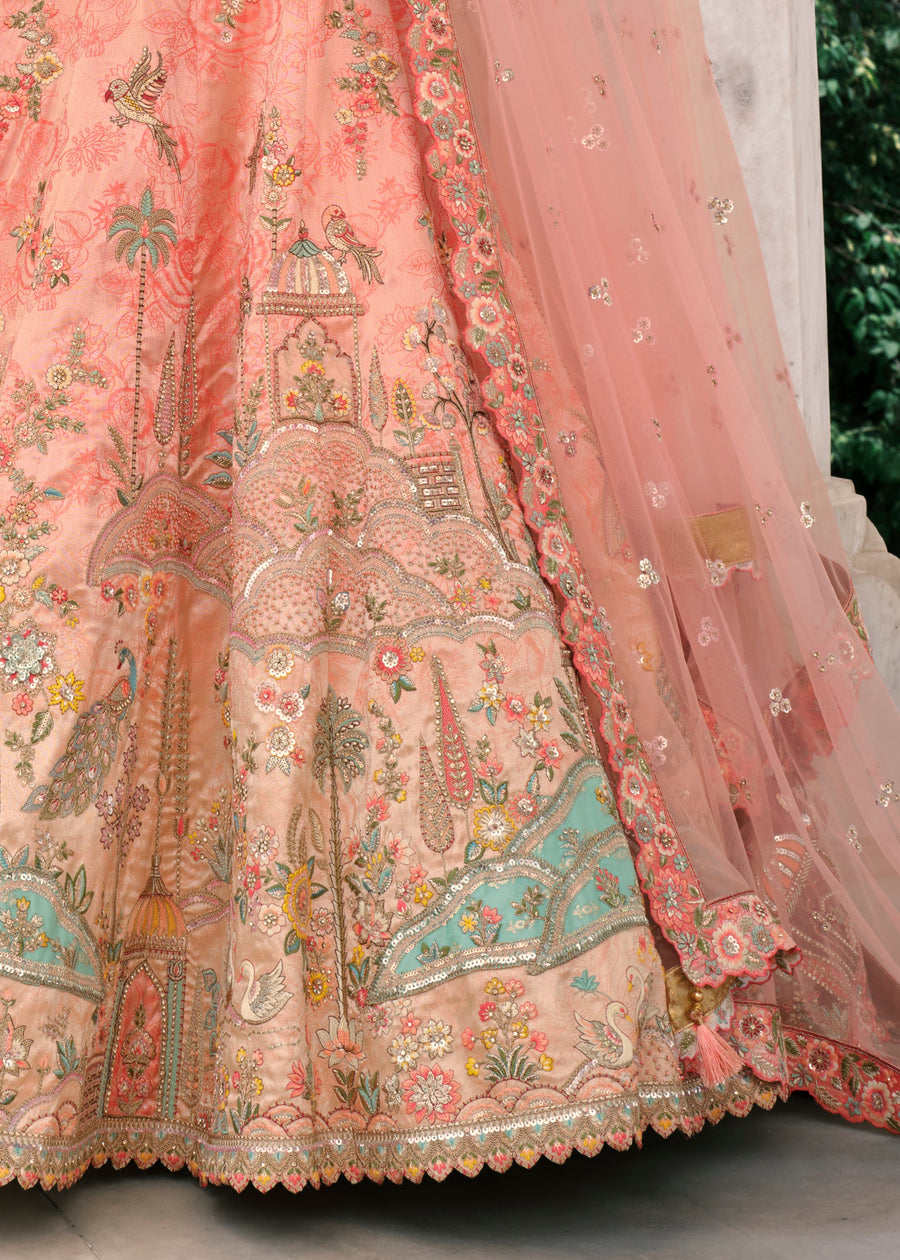 Peach Embroidered Silk Bridal Lehenga Choli