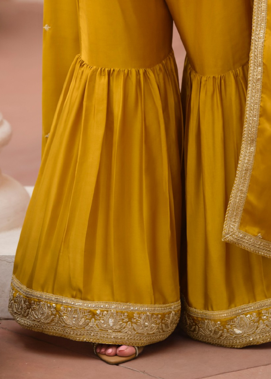 Readymade Mustard Yellow Embroidered Silk Sharara Suit Set with Dupatta