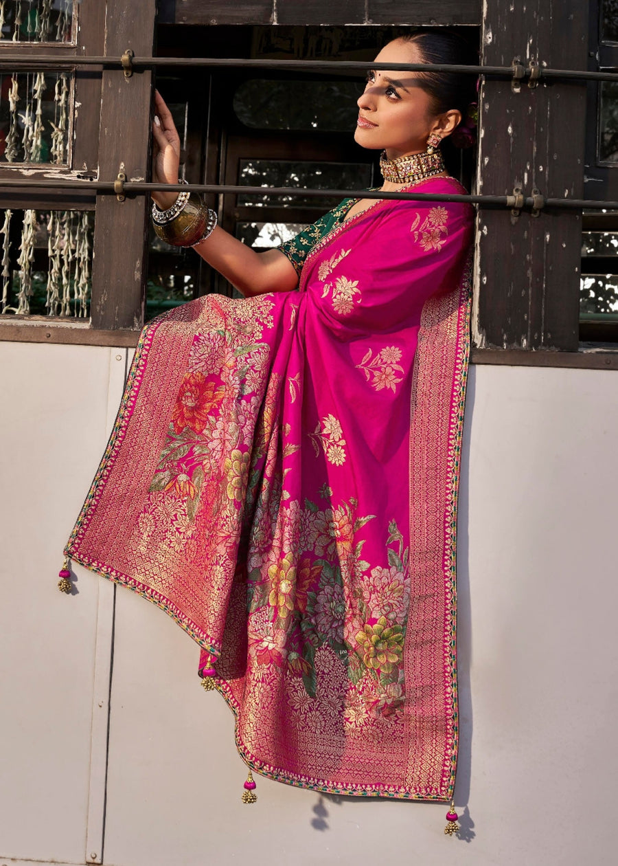Banarasi Dola Silk Hot Pink Saree & Green Embroidered Blouse