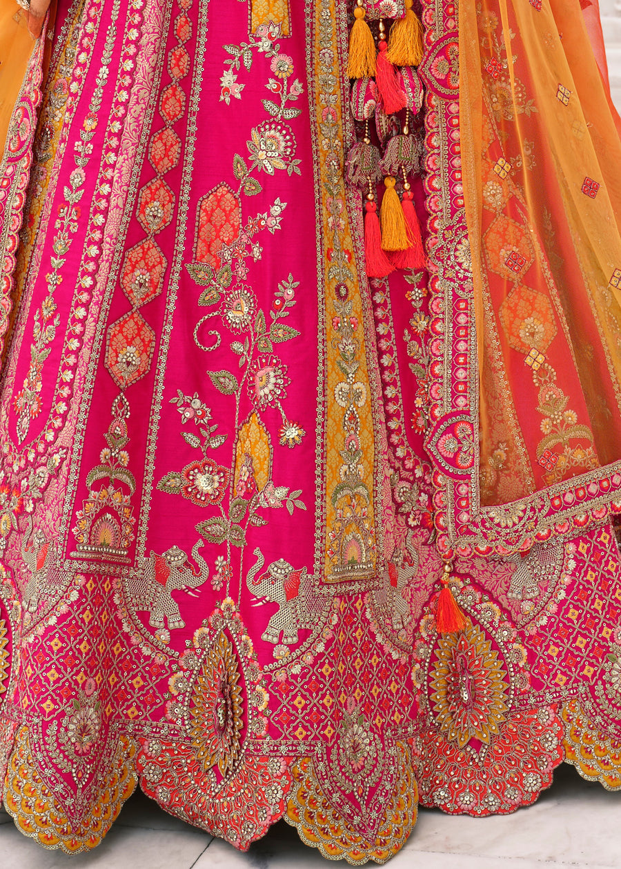 Hot Pink Embroidered Silk Bridal Lehenga Choli