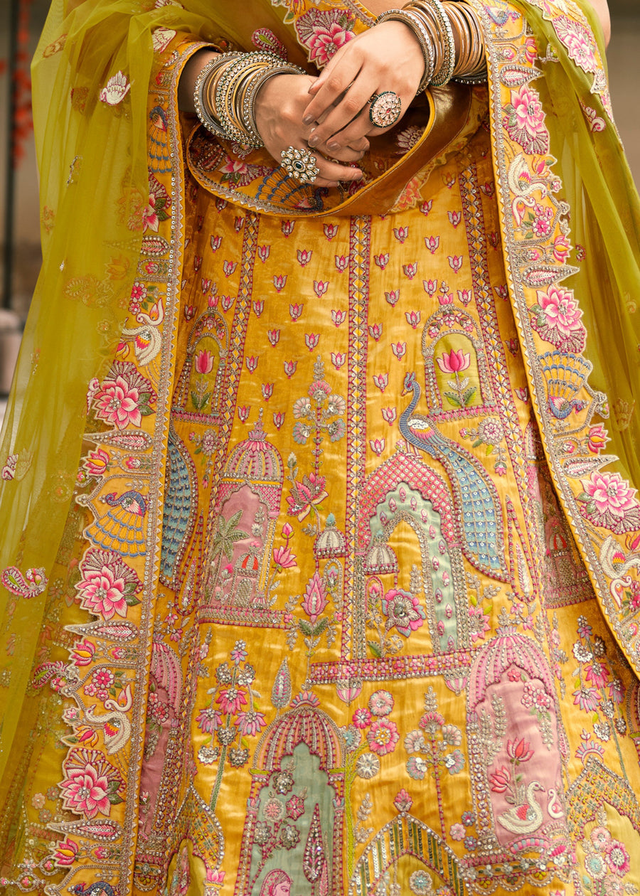 Yellow Embroidered Banarasi Silk Lehenga Choli & Contrast Green Dupatta