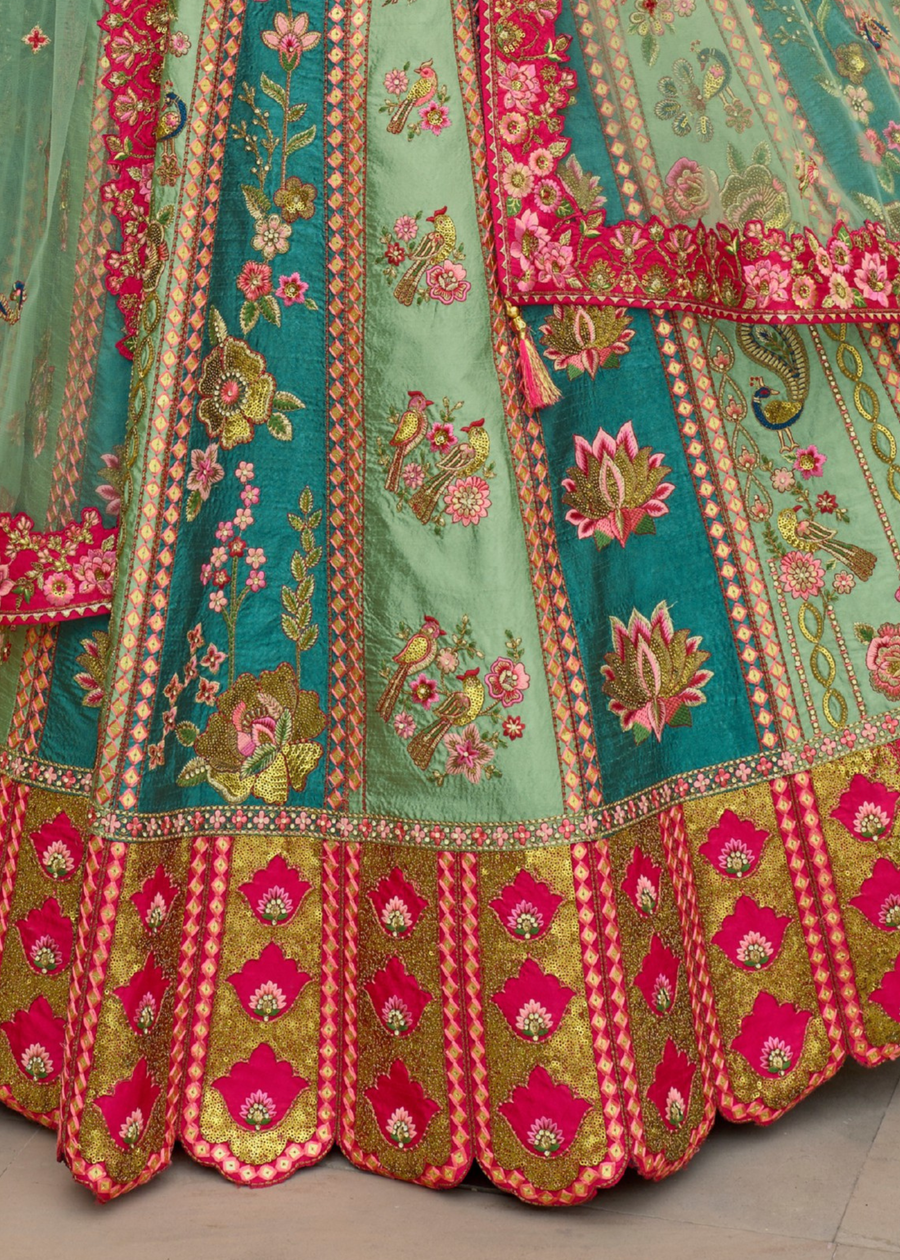 Teal Green and Rani Pink Silk Embroidered Bridal Lehenga Choli