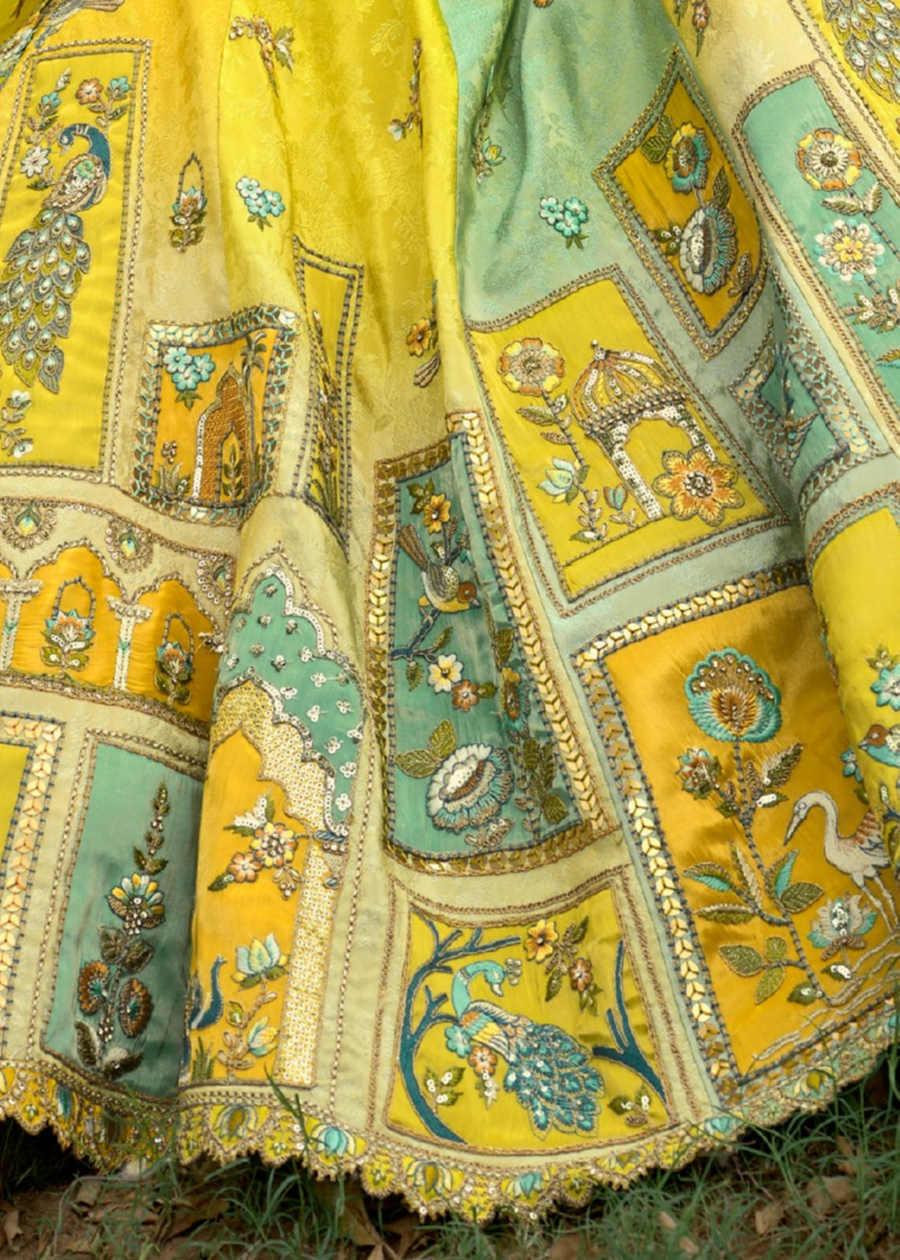 Lime Yellow and Aqua Blue Silk Bridal Lehenga Choli