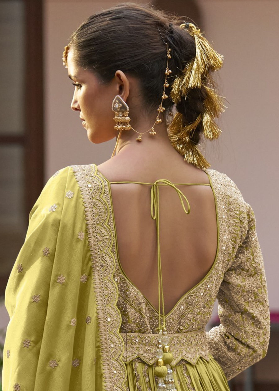 Lime Green Chinon Silk Anarkali Suit With Ghagra Skirt