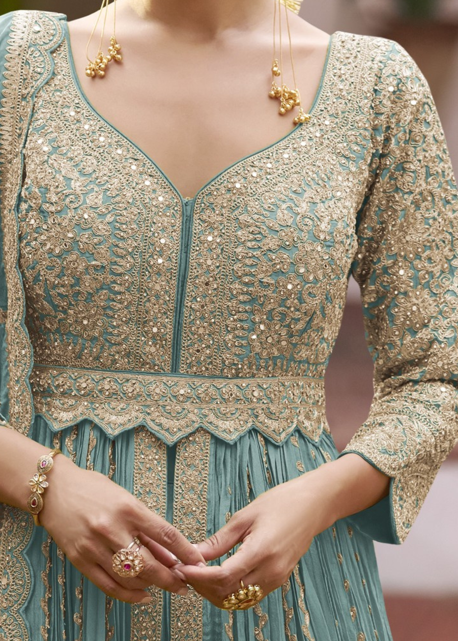 Pastel Blue Chinon Silk Anarkali Suit With Ghagra Skirt
