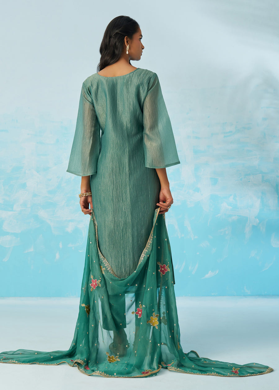 Sage Green Crushed Tissue Silk Ethnic Pant Style Suit With Dupatta