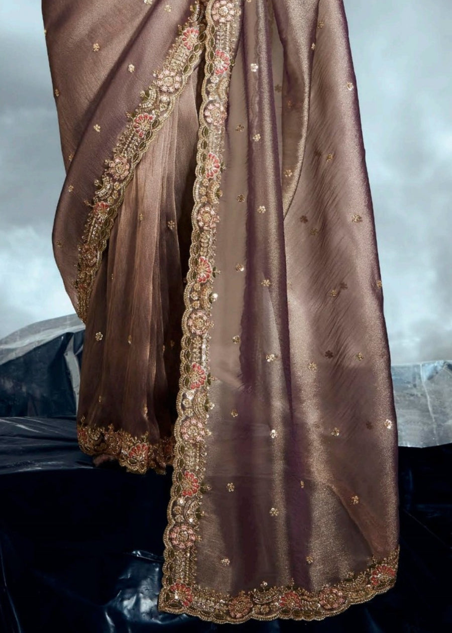 Mud Grey Organza Tissue Silk Hand Embroidered Saree