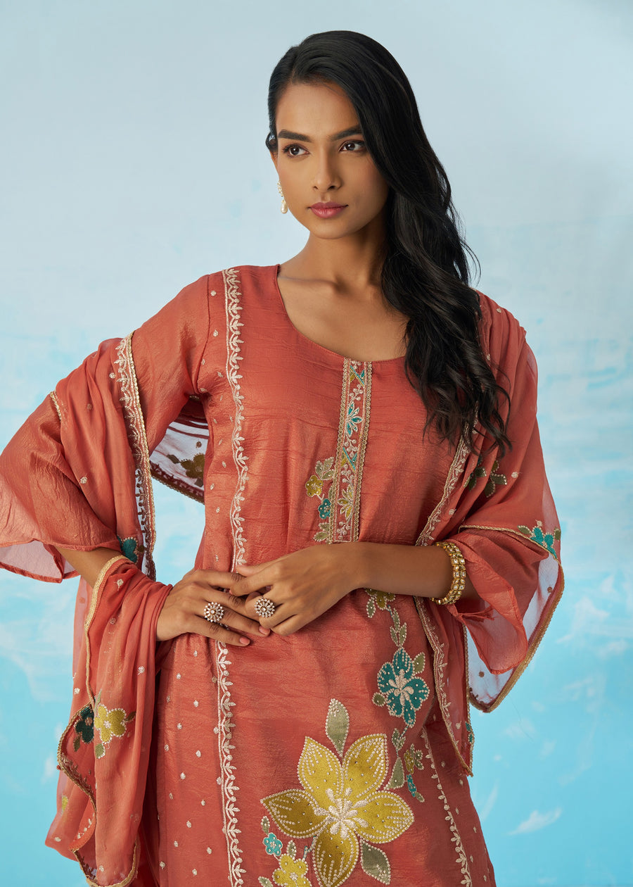 Rust Brown Crushed Tissue Silk Ethnic Pant Style Suit With Dupatta