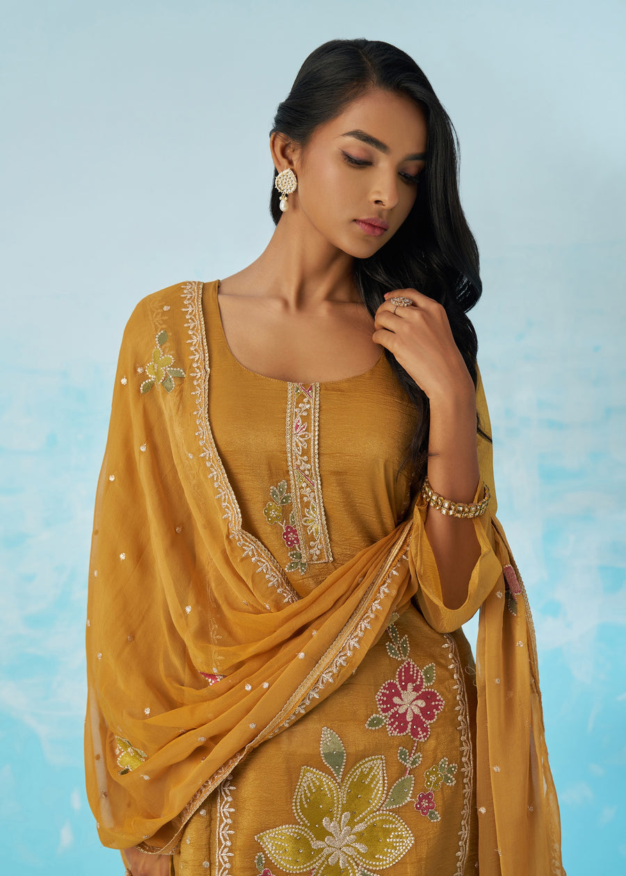 Mustard Yellow Crushed Tissue Silk Ethnic Pant Style Suit With Dupatta