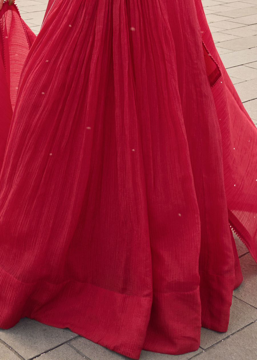 Red Anarkali Style Chinon Silk Gown Suit With Dupatta