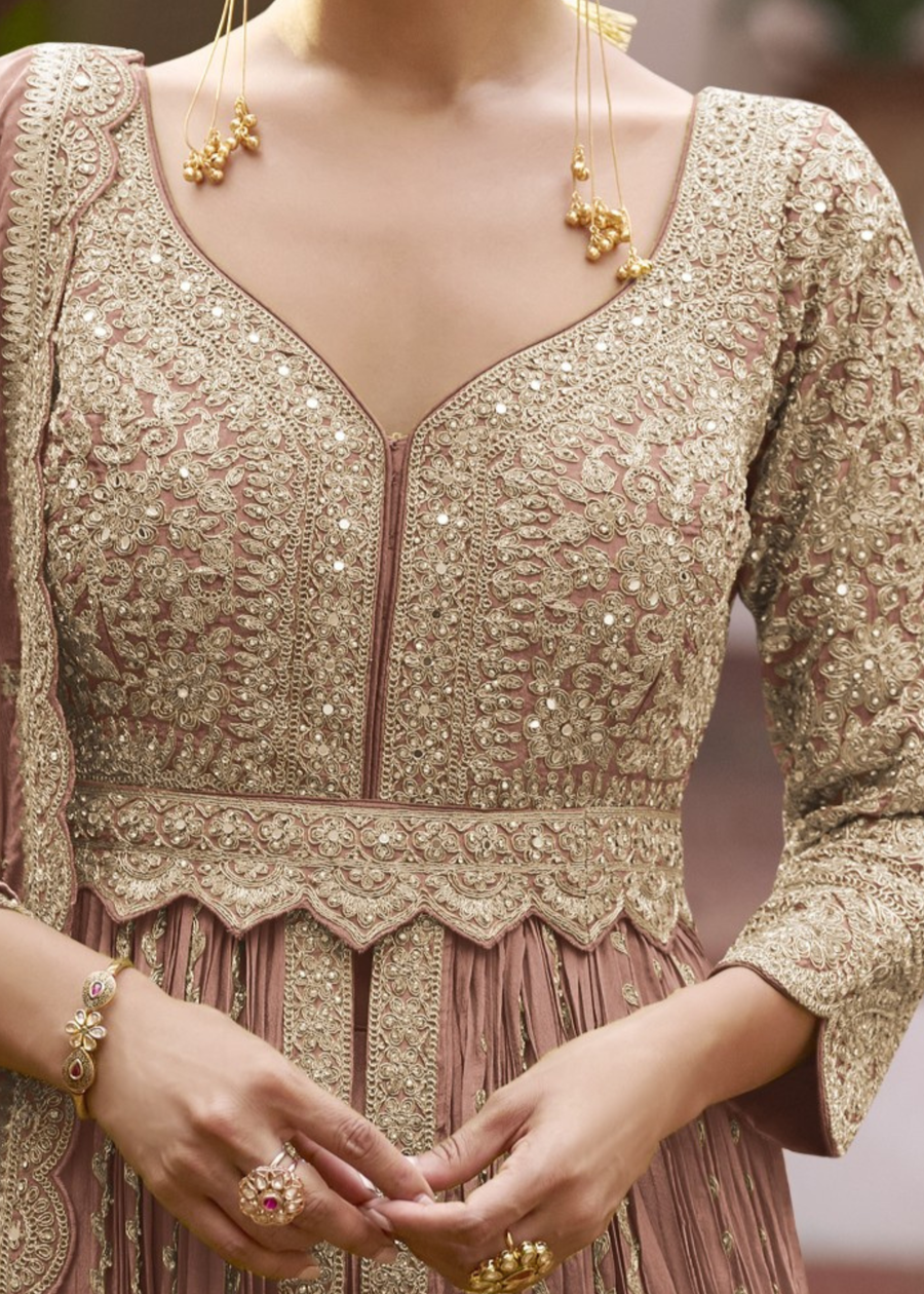 Pastel Brown Chinon Silk Anarkali Suit With Ghagra Skirt