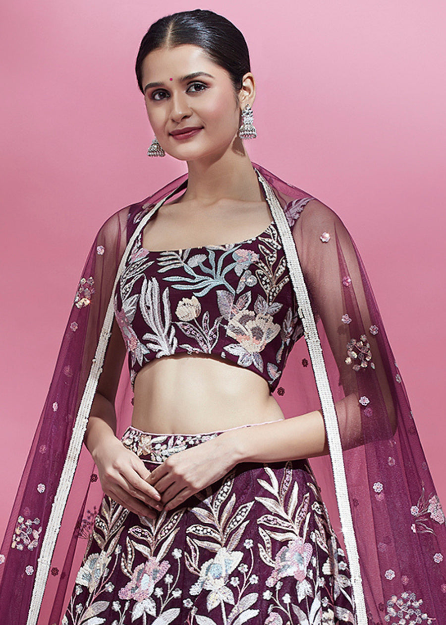 Wine Red Lehenga Choli With Sequins Embroidery