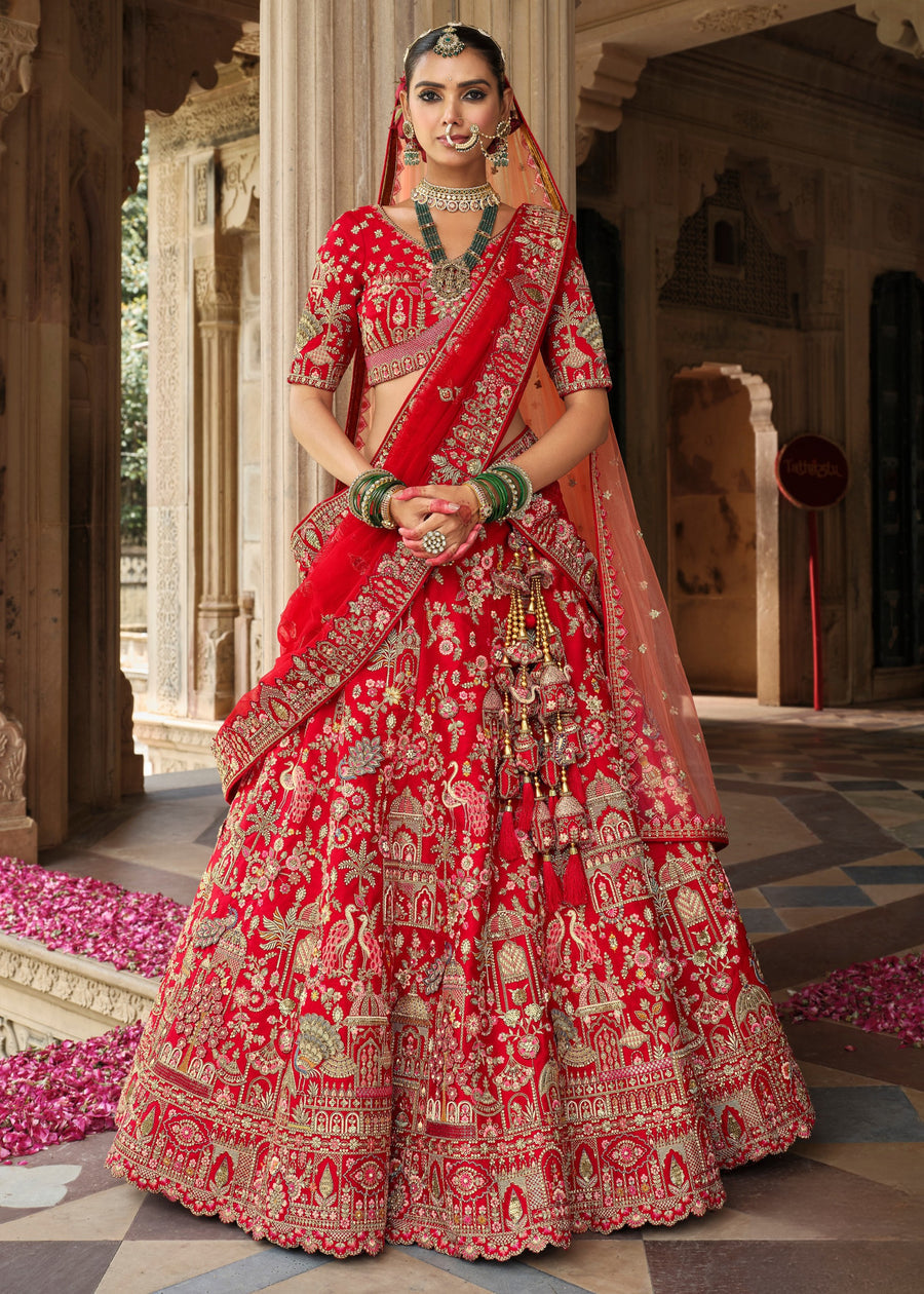 Red Silk Bridal Lehenga Choli with Zari Work