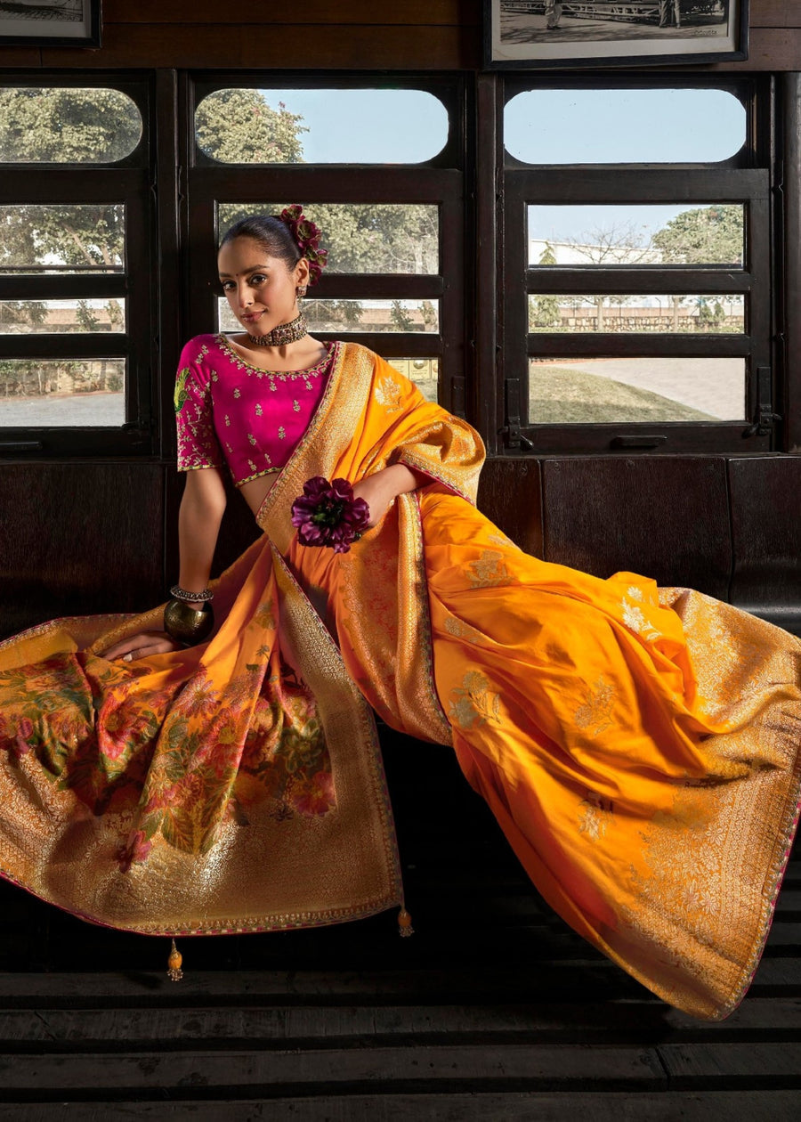 Banarasi Dola Silk Orange Saree & Pink Embroidered Blouse