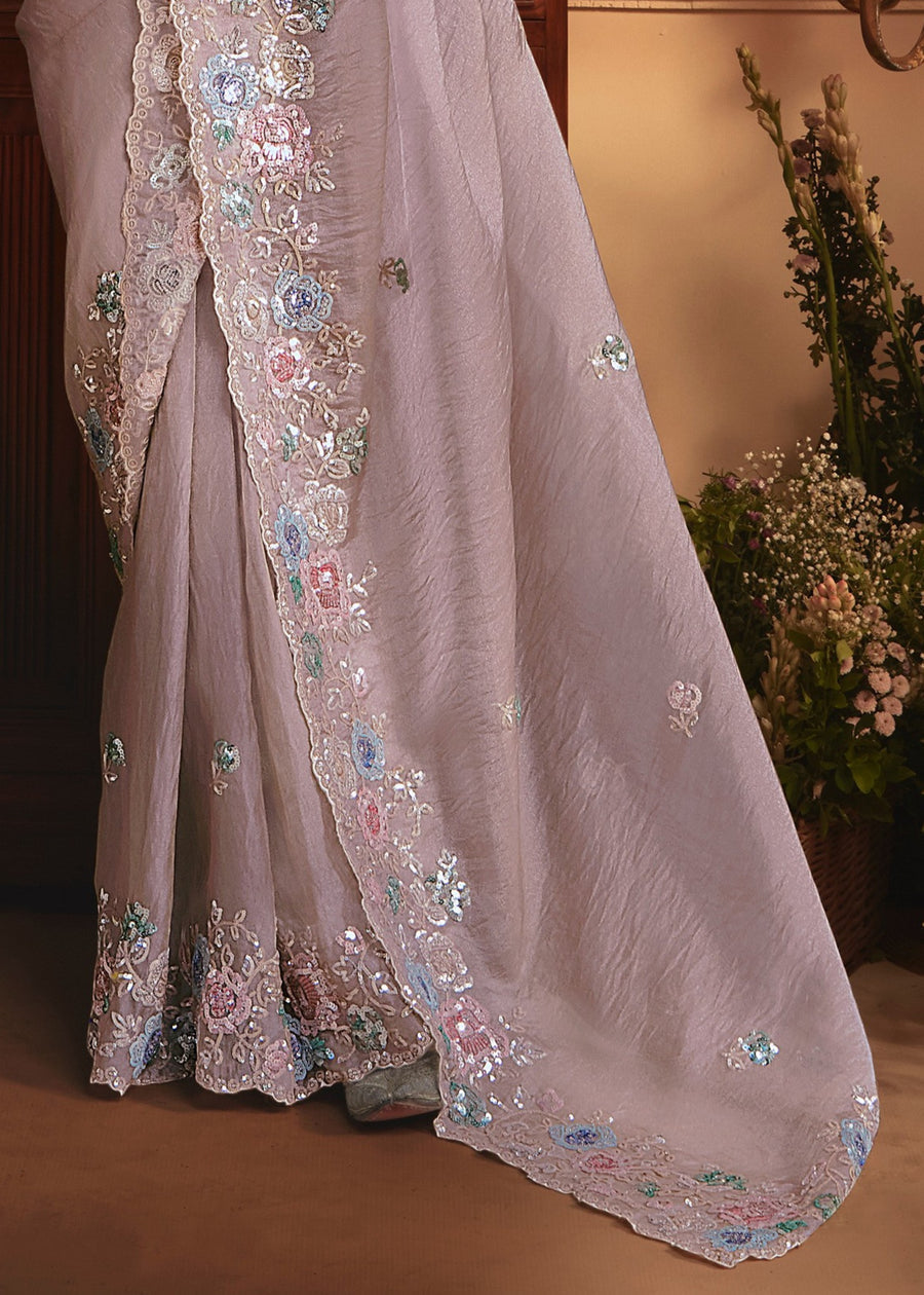 Beige Organza Tissue Silk Saree & Purple Blouse With Sequins Embroidery
