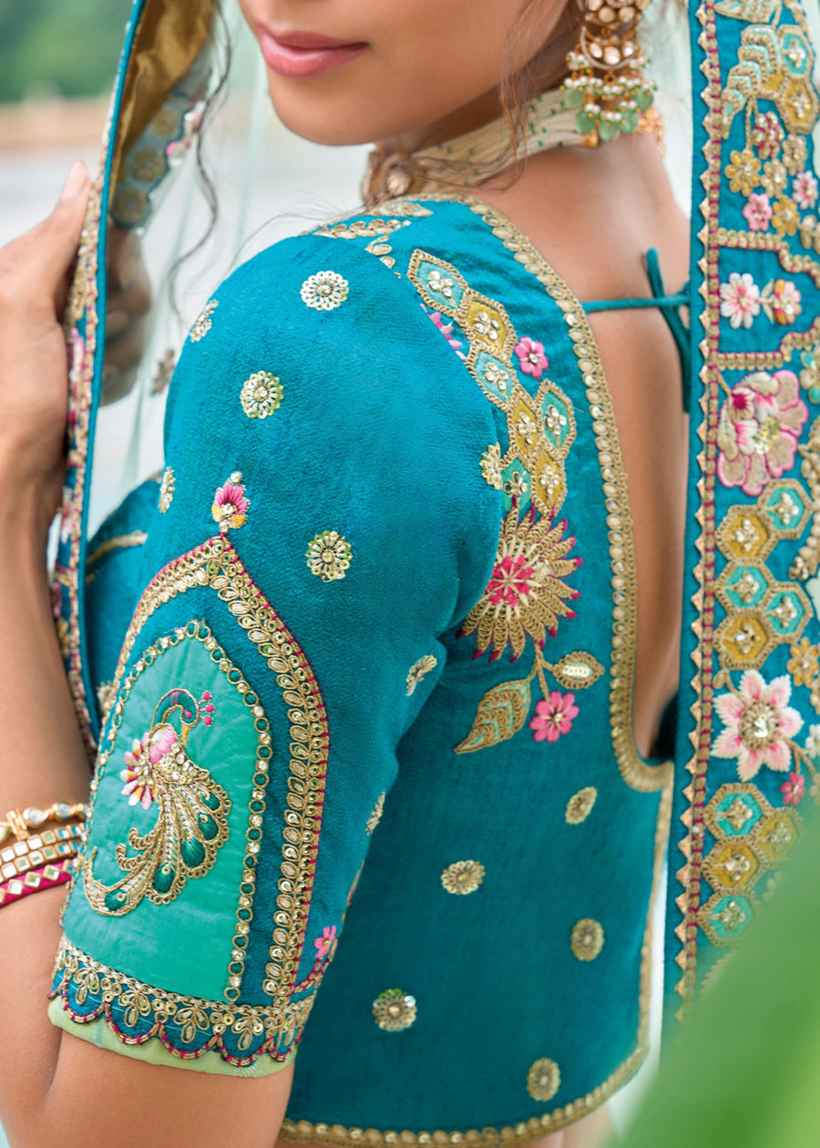 Designer Pista Green and Blue Banarasi Silk Bridal Lehenga Choli