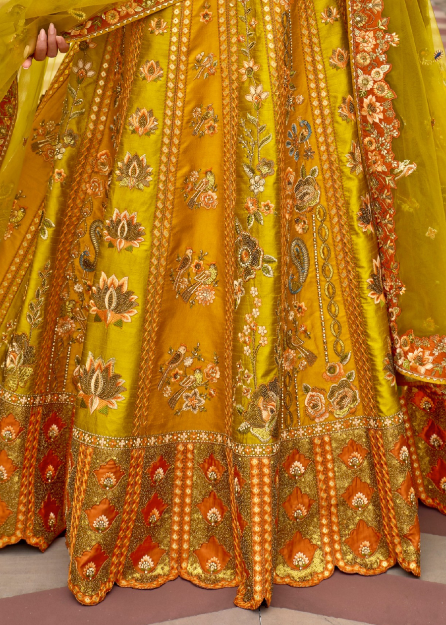 Mustard Yellow and Lime Green Silk Bridal Lehenga Choli