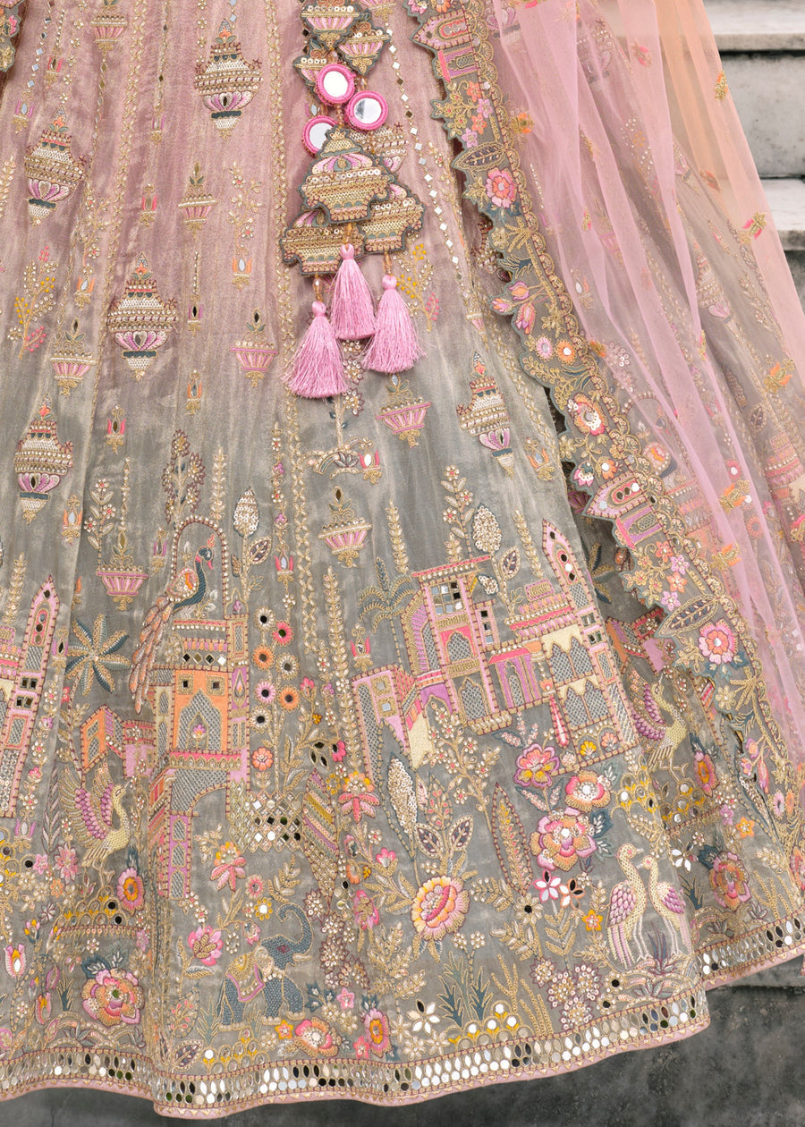 Pastel Pink & Grey Ombre Effect Mirror Work Embroidered Silk Lehenga Choli